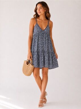 IN THE BEGINNING Spaghetti Strap Blue & White Printed Mini Dress